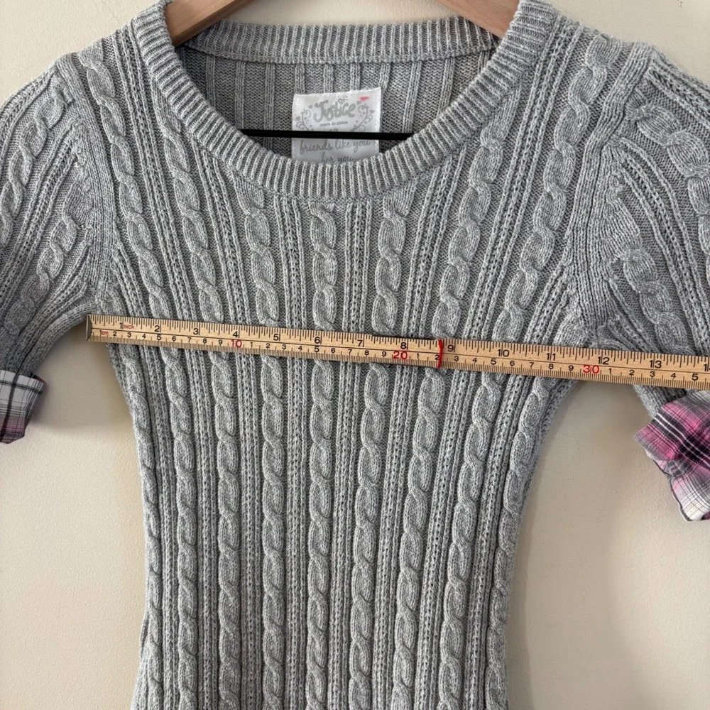 Justice Girls Gray Cable Knit Sweater Plaid Trim Short Sleeve Top Size 12 XS